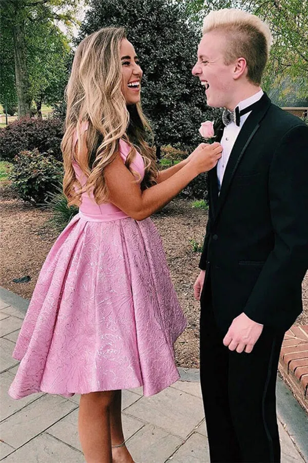 Pink Satin A-line V-neck Homecoming Dress With Pocket, Graduation Dress, MH573