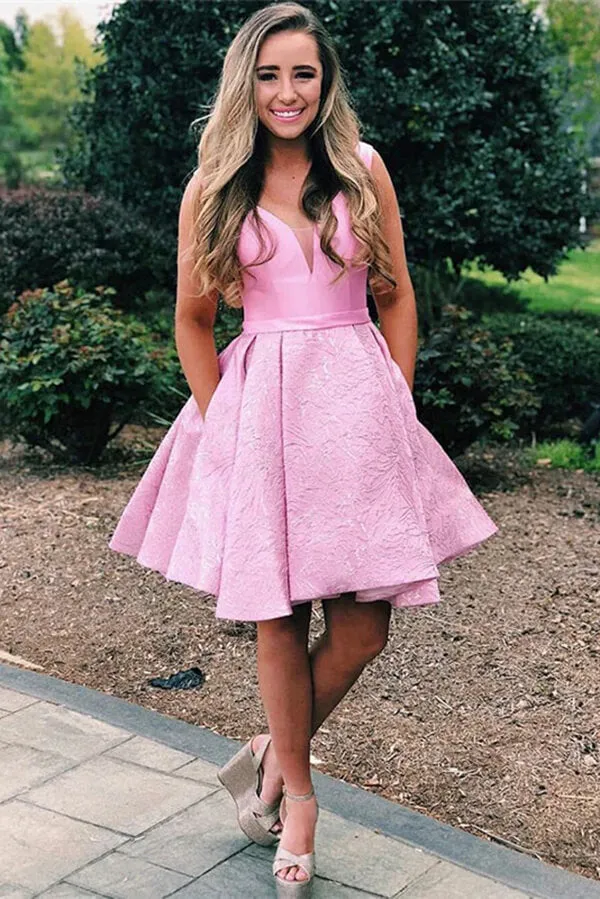 Pink Satin A-line V-neck Homecoming Dress With Pocket, Graduation Dress, MH573