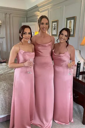 Pink Silk Satin Floor Length Bridesmaid Dresses, Wedding Party Dresses, MBD209