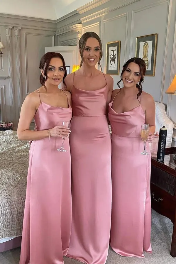 Pink Silk Satin Floor Length Bridesmaid Dresses, Wedding Party Dresses, MBD209