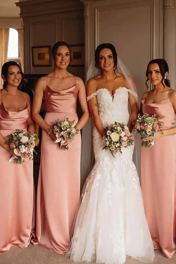 Pink Silk Satin Floor Length Bridesmaid Dresses, Wedding Party Dresses, MBD209