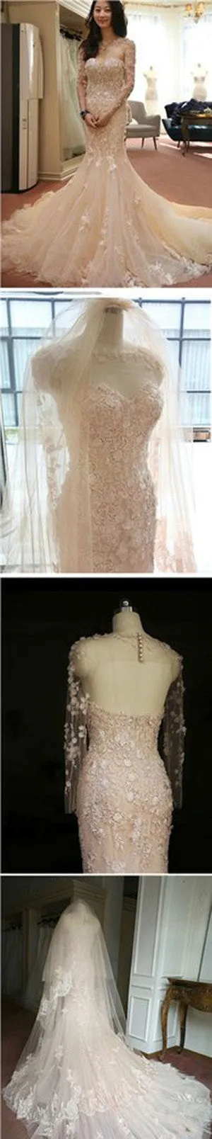Pink Two Pieces Long Sleeve Glittering Mermaid Wedding Dresses with Appliques,SVD653