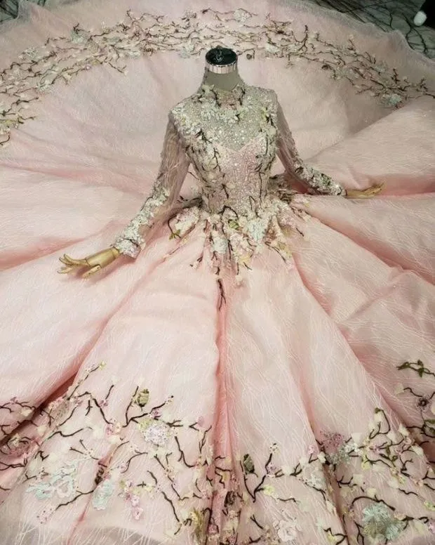 Pink Wedding Dresses with Lace Appliques Beaded Modest Full Sleeve Bridal Gowns