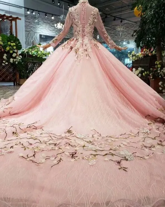 Pink Wedding Dresses with Lace Appliques Beaded Modest Full Sleeve Bridal Gowns
