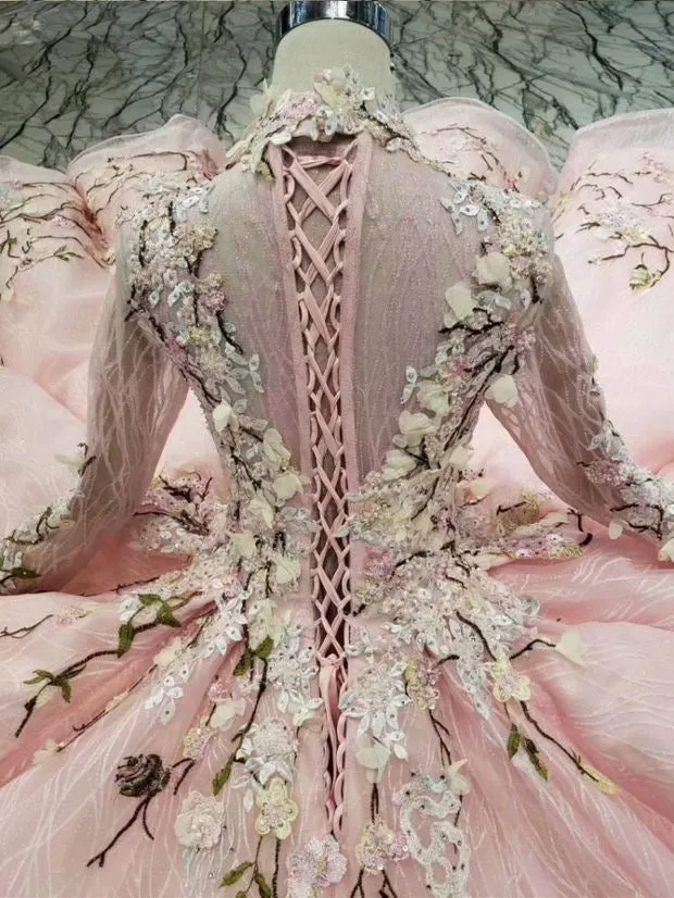 Pink Wedding Dresses with Lace Appliques Beaded Modest Full Sleeve Bridal Gowns