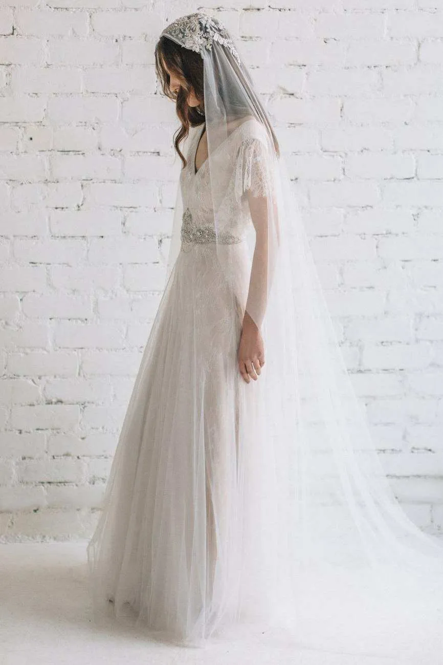 Plunged Poet-Sleeve Tulle Lace Wedding Dress With Beading - 714977