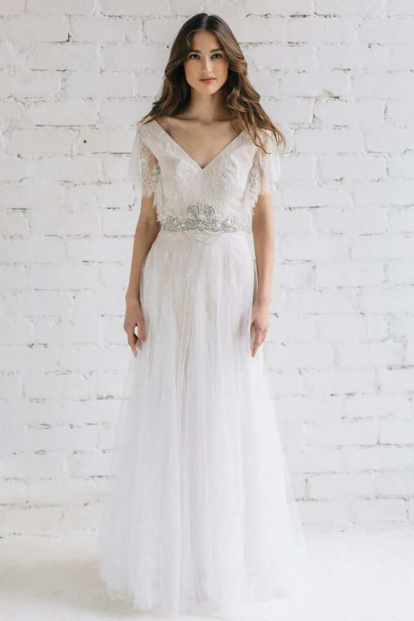 Plunged Poet-Sleeve Tulle Lace Wedding Dress With Beading - 714977
