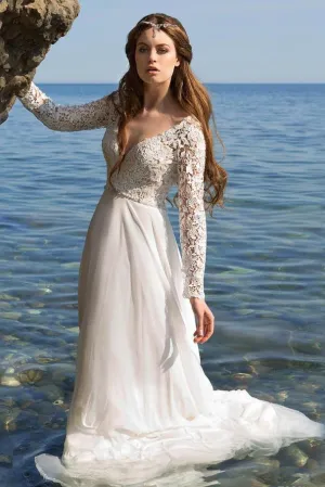 Plunging V-neckline Beach Wedding Dresses with Lace Long Sleeves