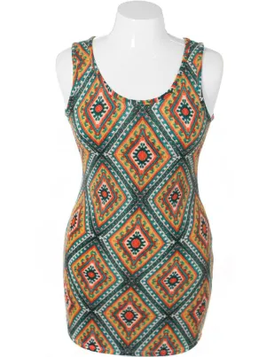 Plus Size Velvet Retro Green Pattern Mini Dress
