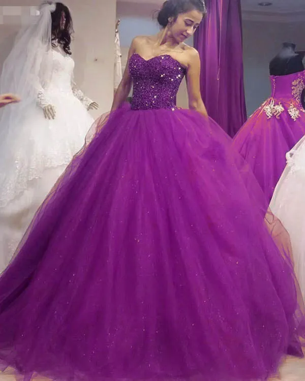 Popular 2018 Purple Quinceanera Dresses Beaded Bodice Sweetheart Tulle Puffy Vestidos de quinceañera Sweet 16 Dress
