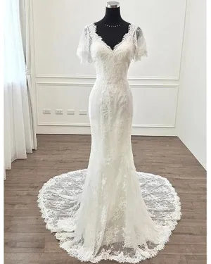 Popular Bohemian Lace Wedding Dress Short Sleeve Low Back Deep V Neck Boho Beach Mermaid Bridal Dress