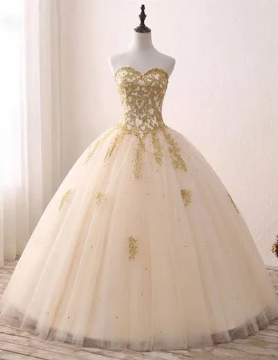 Popular Ivory Tulle Quinceanera Dresses with Gold Lace Strapless Ball Gown Sweet 16 Dresses