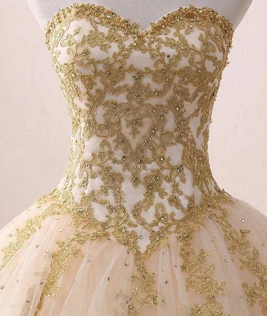 Popular Ivory Tulle Quinceanera Dresses with Gold Lace Strapless Ball Gown Sweet 16 Dresses