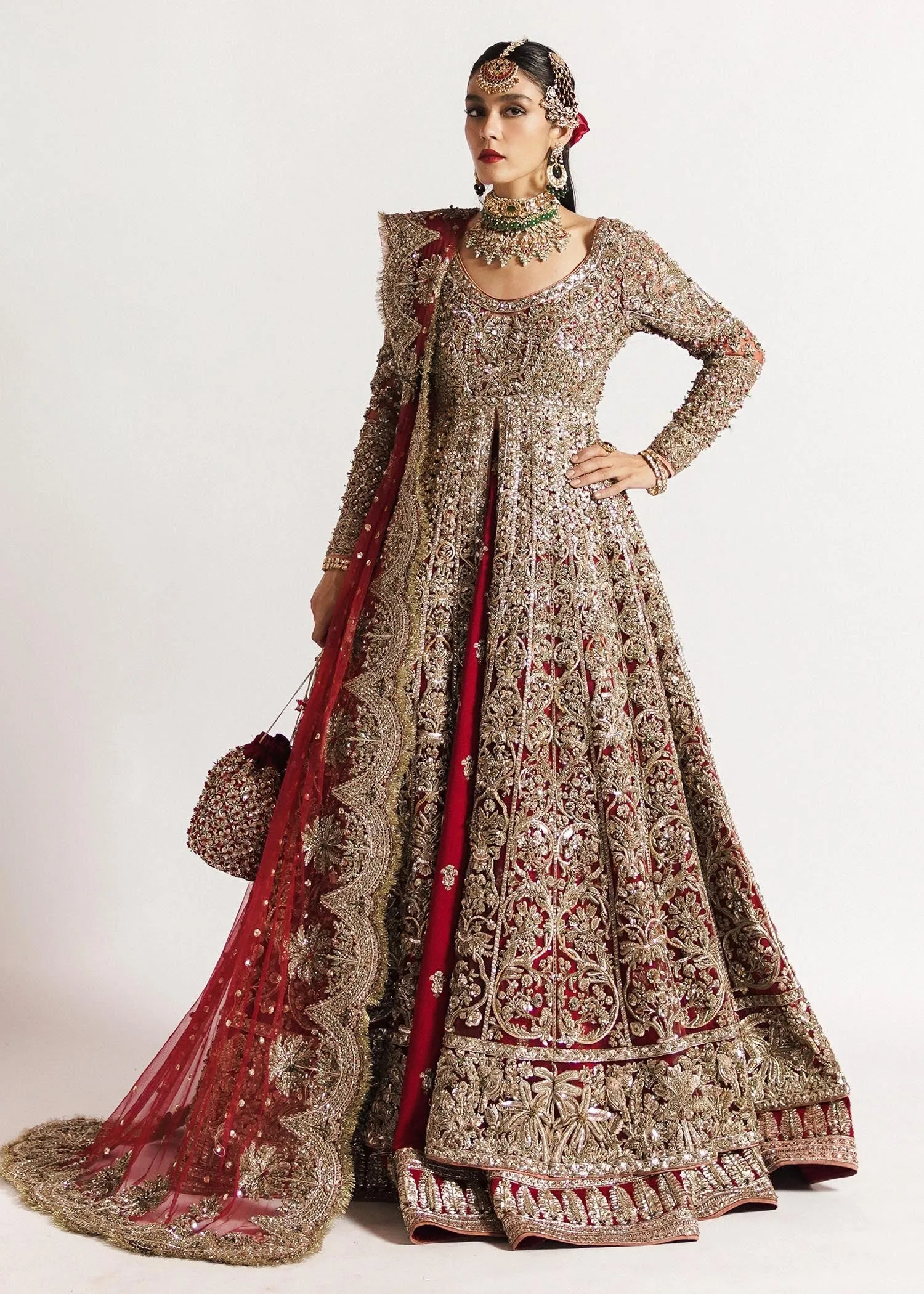 Premium Pakistani Bridal Dress in Net Pishwas Frock and Silk Lehenga Style with Dupatta