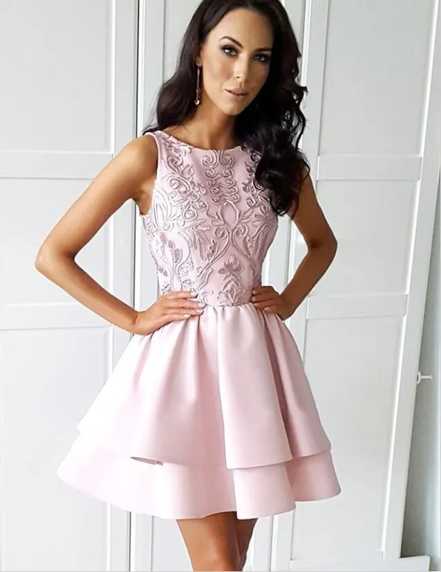 Pretty Bateau Short Blush Pink Satin Homecoming Party Dresses with Appliques, TYP1088