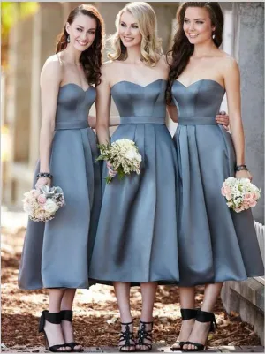 Princess Sweetheart Strapless Bridesmaid Dresses,Tea Length Satin Bridesmaid Dresses