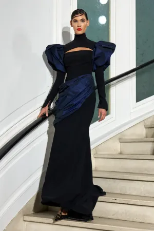Puff Sleeve Mock Neck Cutout Gown with Drape Detail