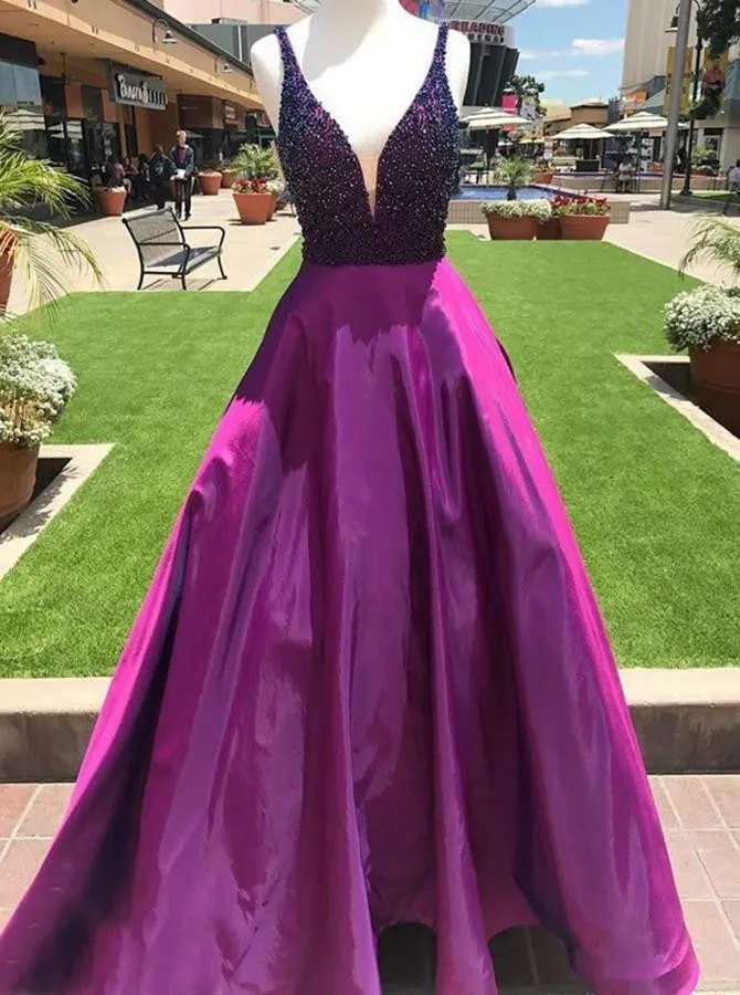 Purple A Line Beading V Neck Prom Gowns With Pockets Cheap Formal Evening Dress OKI65