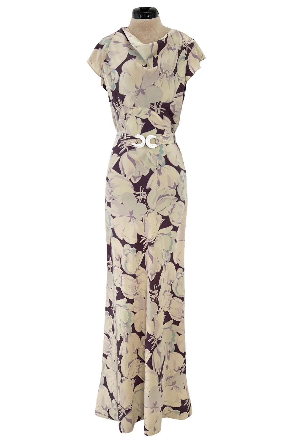 Rare Dated 1934 Bias Cut Soft Purple and Ivory Floral Print Silk Dress & Jacket w MOP Belt