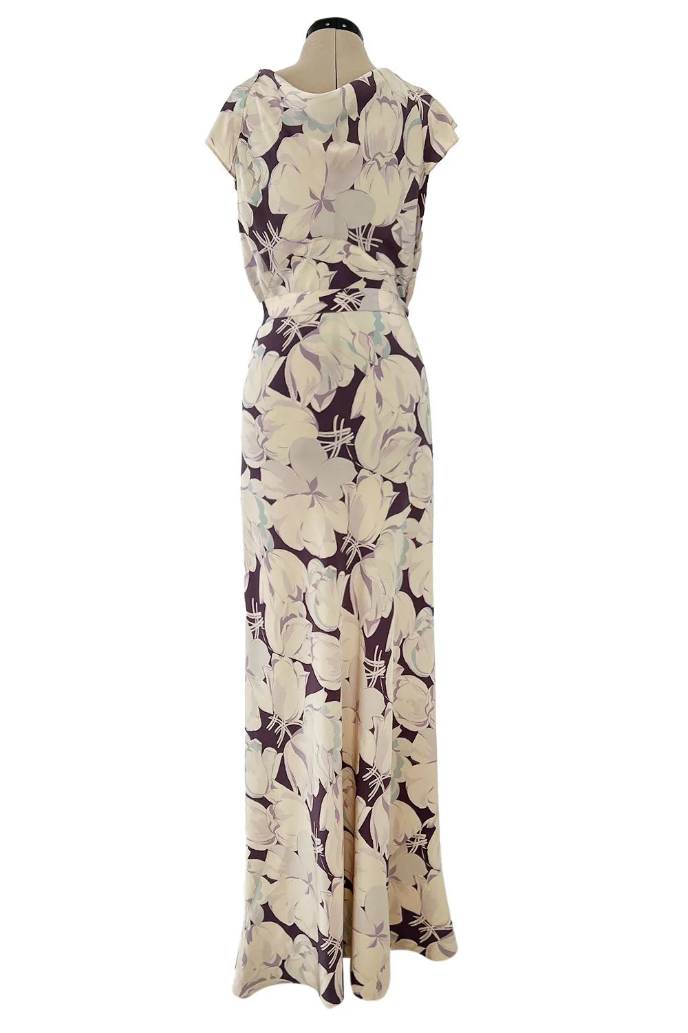 Rare Dated 1934 Bias Cut Soft Purple and Ivory Floral Print Silk Dress & Jacket w MOP Belt