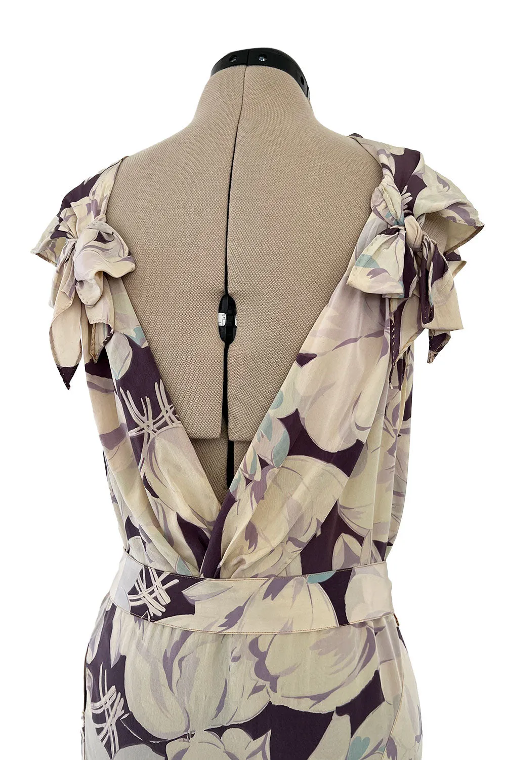 Rare Dated 1934 Bias Cut Soft Purple and Ivory Floral Print Silk Dress & Jacket w MOP Belt