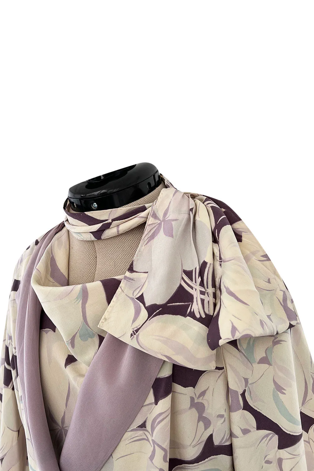 Rare Dated 1934 Bias Cut Soft Purple and Ivory Floral Print Silk Dress & Jacket w MOP Belt