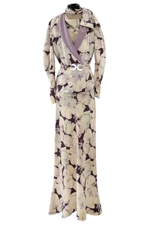 Rare Dated 1934 Bias Cut Soft Purple and Ivory Floral Print Silk Dress & Jacket w MOP Belt