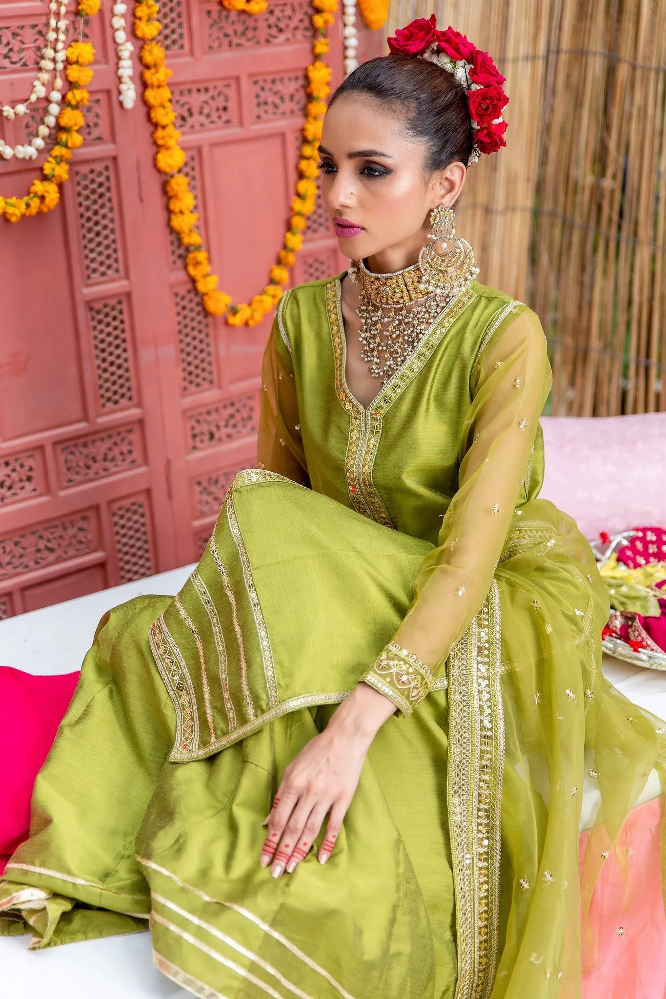 Raw Silk Green Kameez Sharara Pakistani Party Dresses