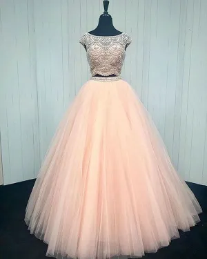Real 2018 Coral Two Pieces Quinceanera Dresses Beadings Shiny Tulle Ruffles Ball Gowns Sweet 16