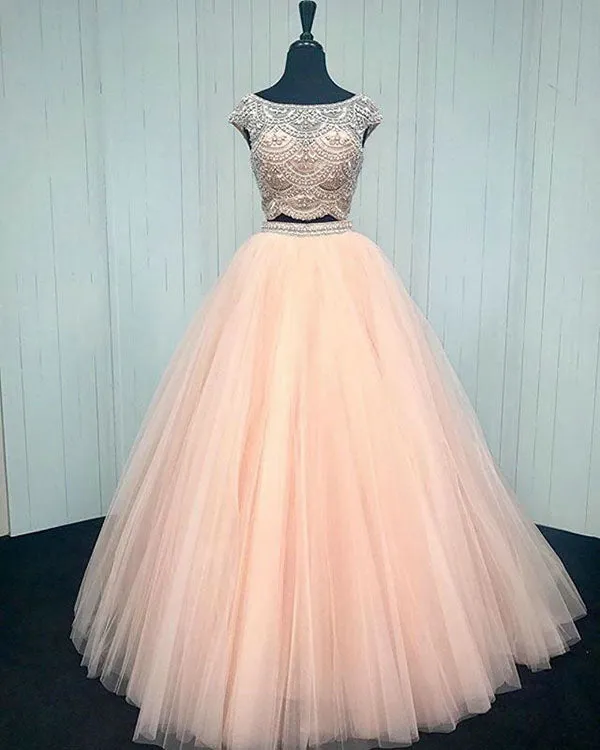 Real 2018 Coral Two Pieces Quinceanera Dresses Beadings Shiny Tulle Ruffles Ball Gowns Sweet 16