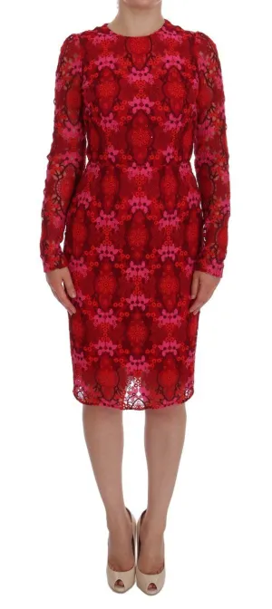 Red Floral Ricamo Sheath Dress