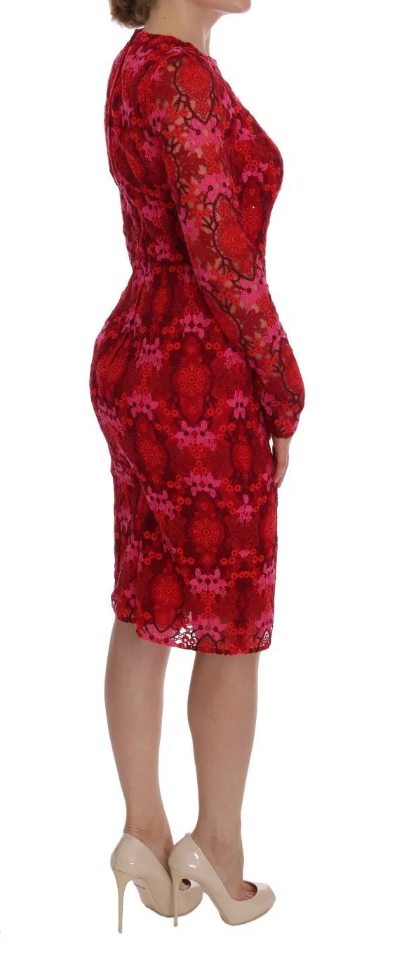 Red Floral Ricamo Sheath Dress