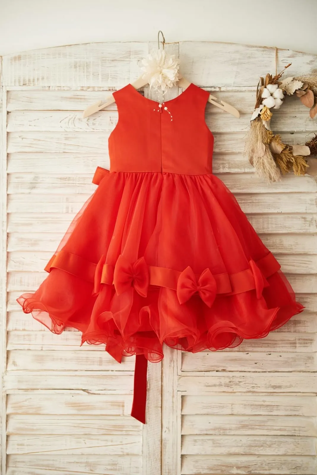 Red Lace Organza Wedding Flower Girl Dress, Belt / Bow