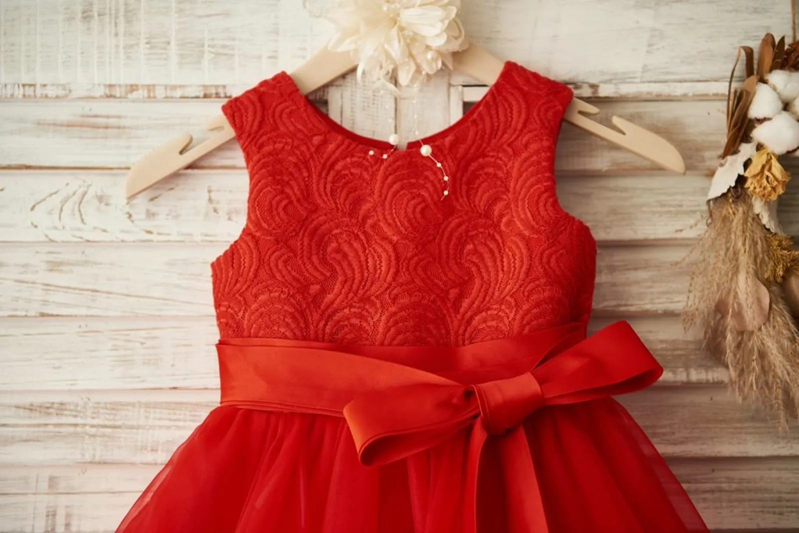 Red Lace Organza Wedding Flower Girl Dress, Belt / Bow