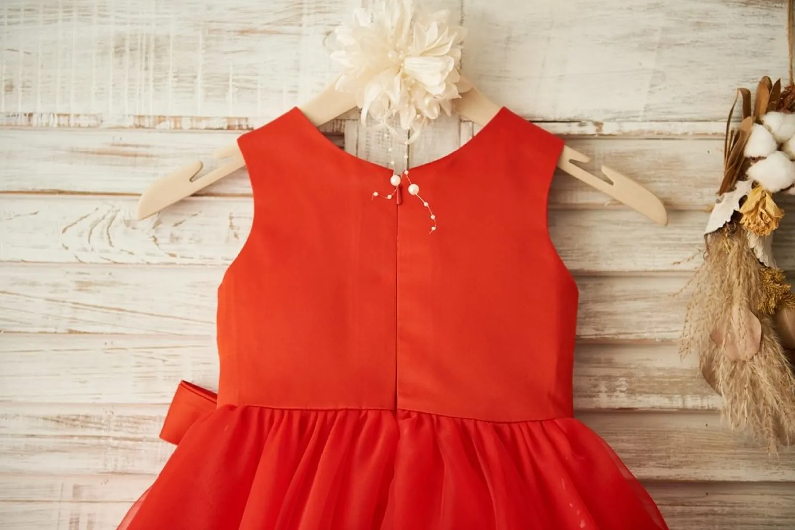 Red Lace Organza Wedding Flower Girl Dress, Belt / Bow