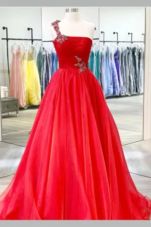 Red Long Chiffon Prom Gowns with Beaded Single Shoulder