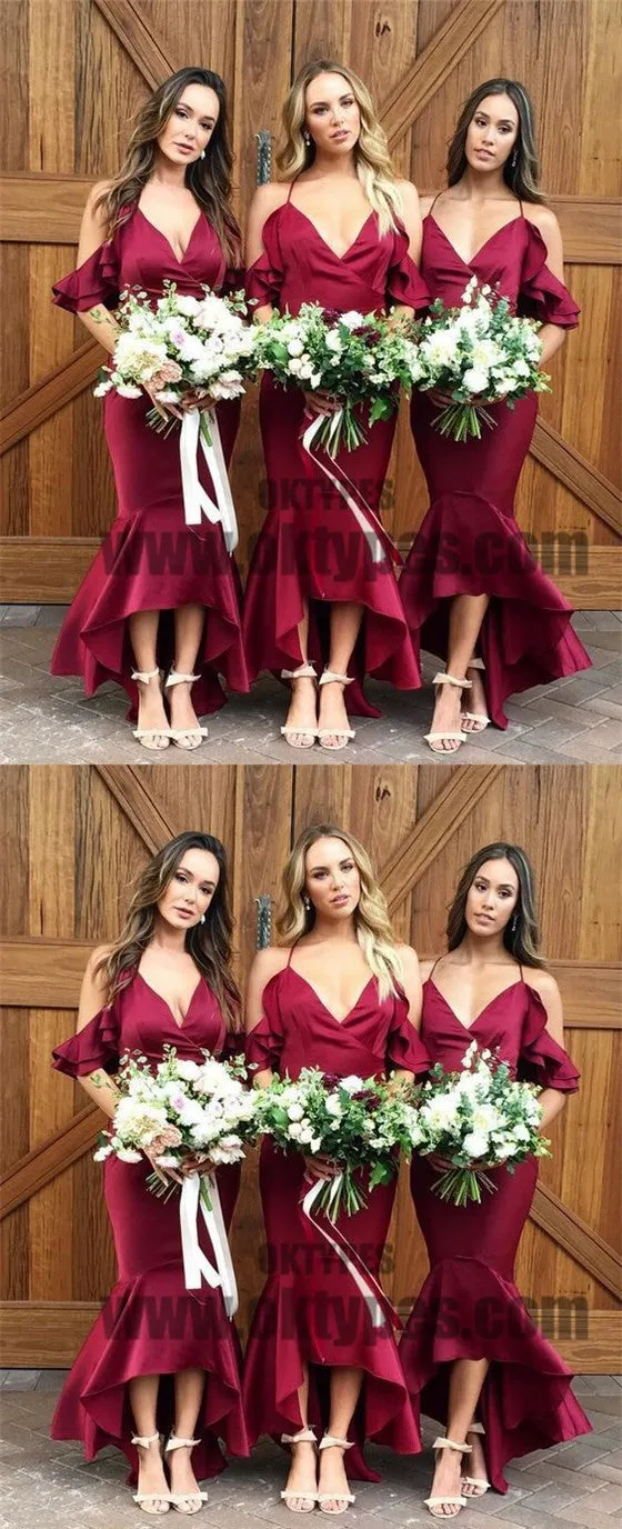 Red Off Shoulder Strap V-neck Long Mermaid Soft Satin Bridesmaid Dresses, TYP0677