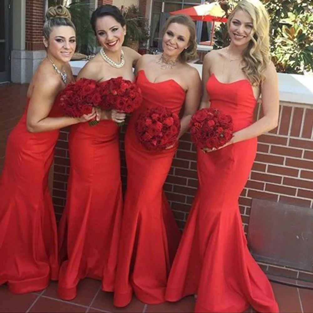 Red Satin Sweetheart Mermaid Bridesmaid Dresses, Stunning Wedding Party Dress, MB193