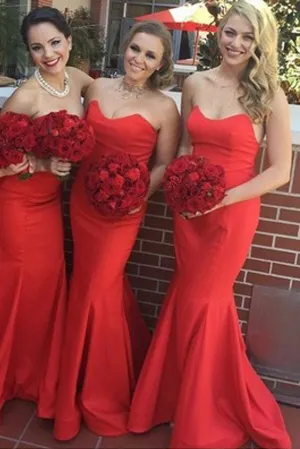 Red Satin Sweetheart Mermaid Bridesmaid Dresses, Stunning Wedding Party Dress, MB193