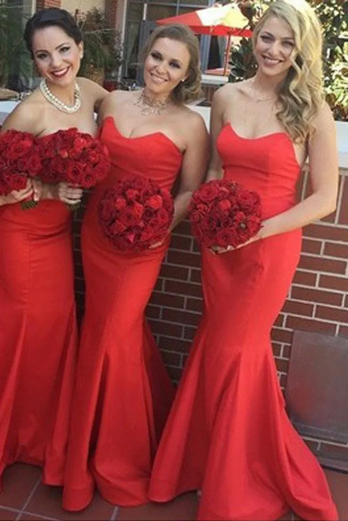 Red Satin Sweetheart Mermaid Bridesmaid Dresses, Stunning Wedding Party Dress, MB193