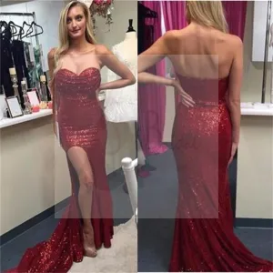 Red Sequin Sweetheart Side Slit Sparkle Prom Dresses, Sexy Formal Evening Dresses
