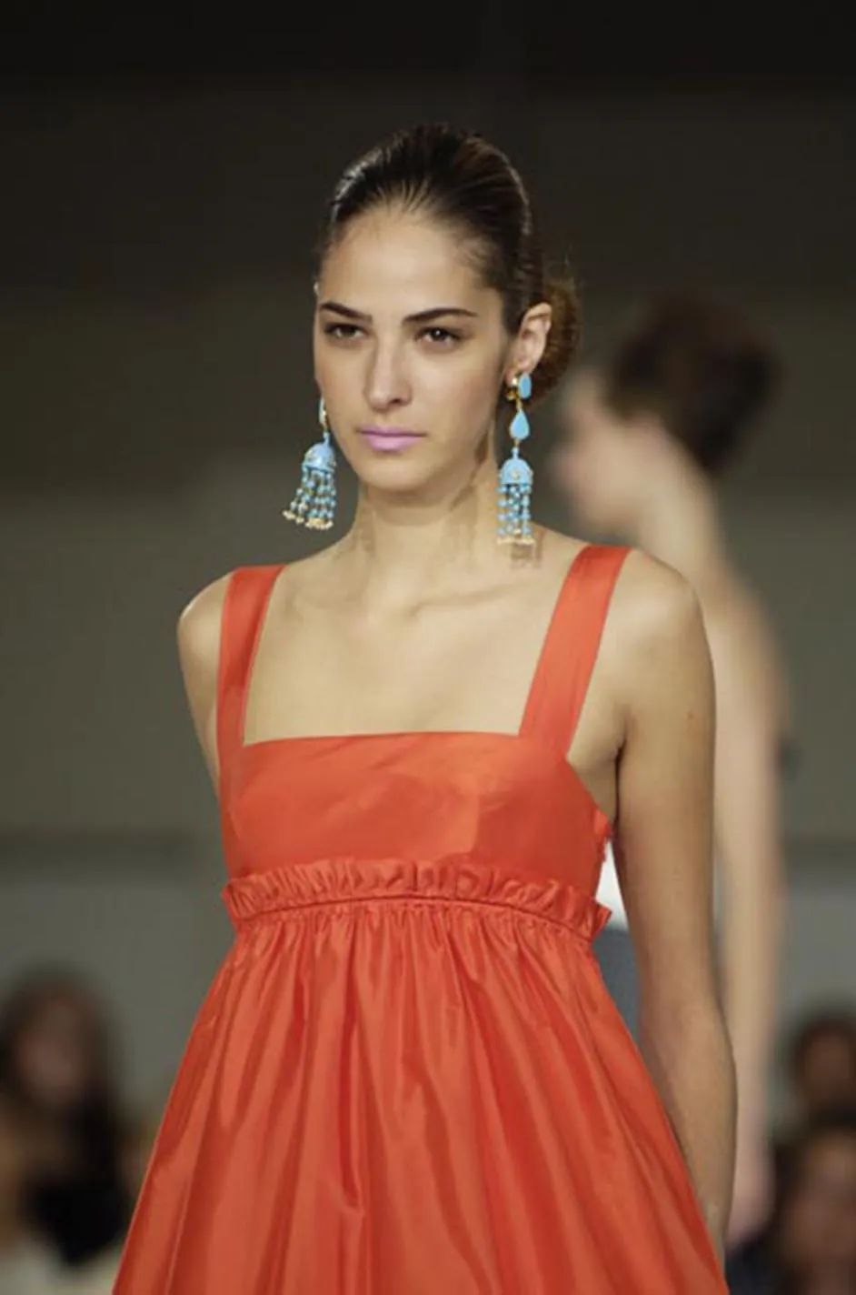 Resort 2008 Oscar de la Renta Look 56 Bright Coral Silk Full & Open Tiered Runway Dress