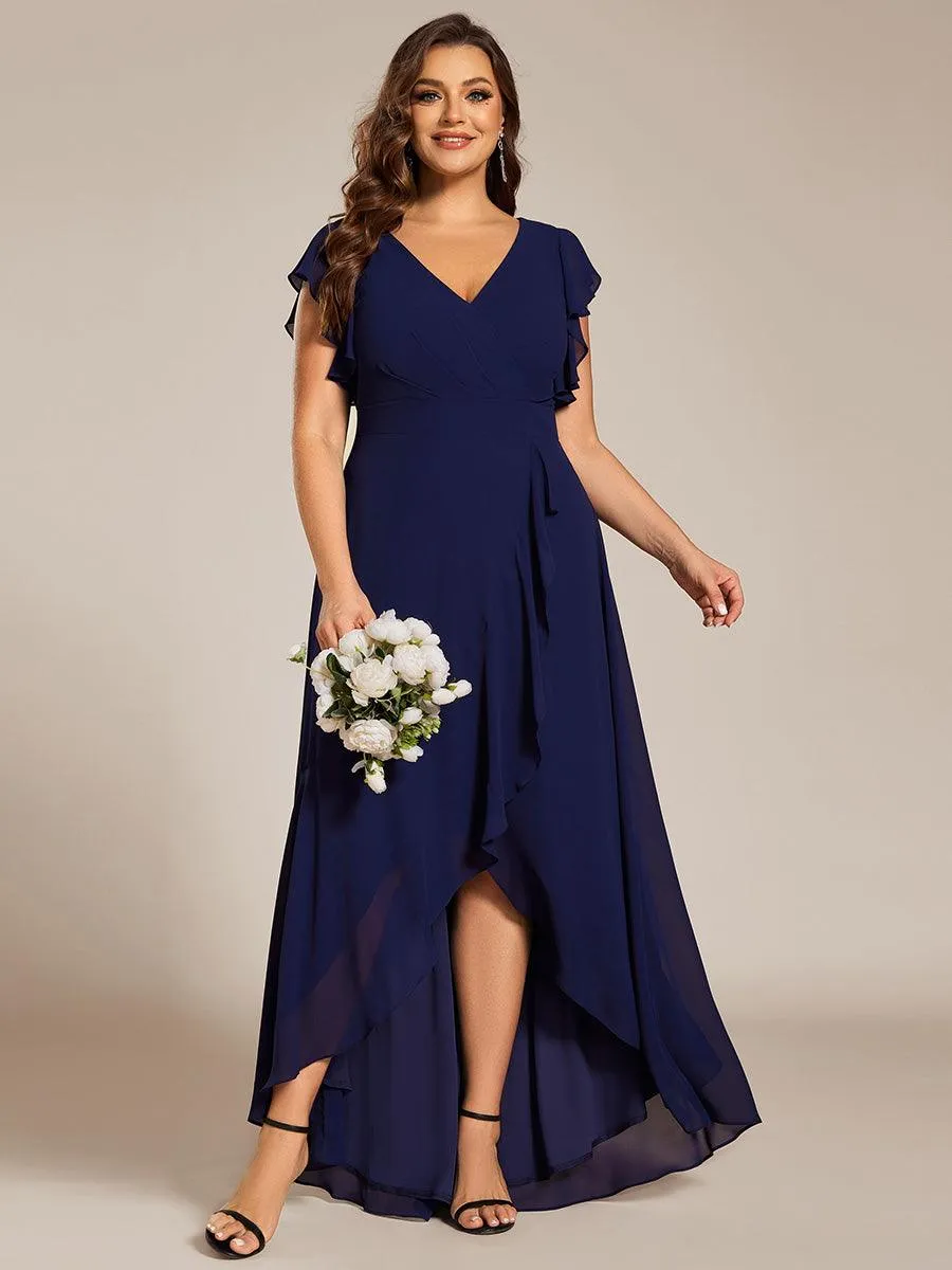 Robe de demoiselle d'honneur grande taille en mousseline de soie avec manches à volants