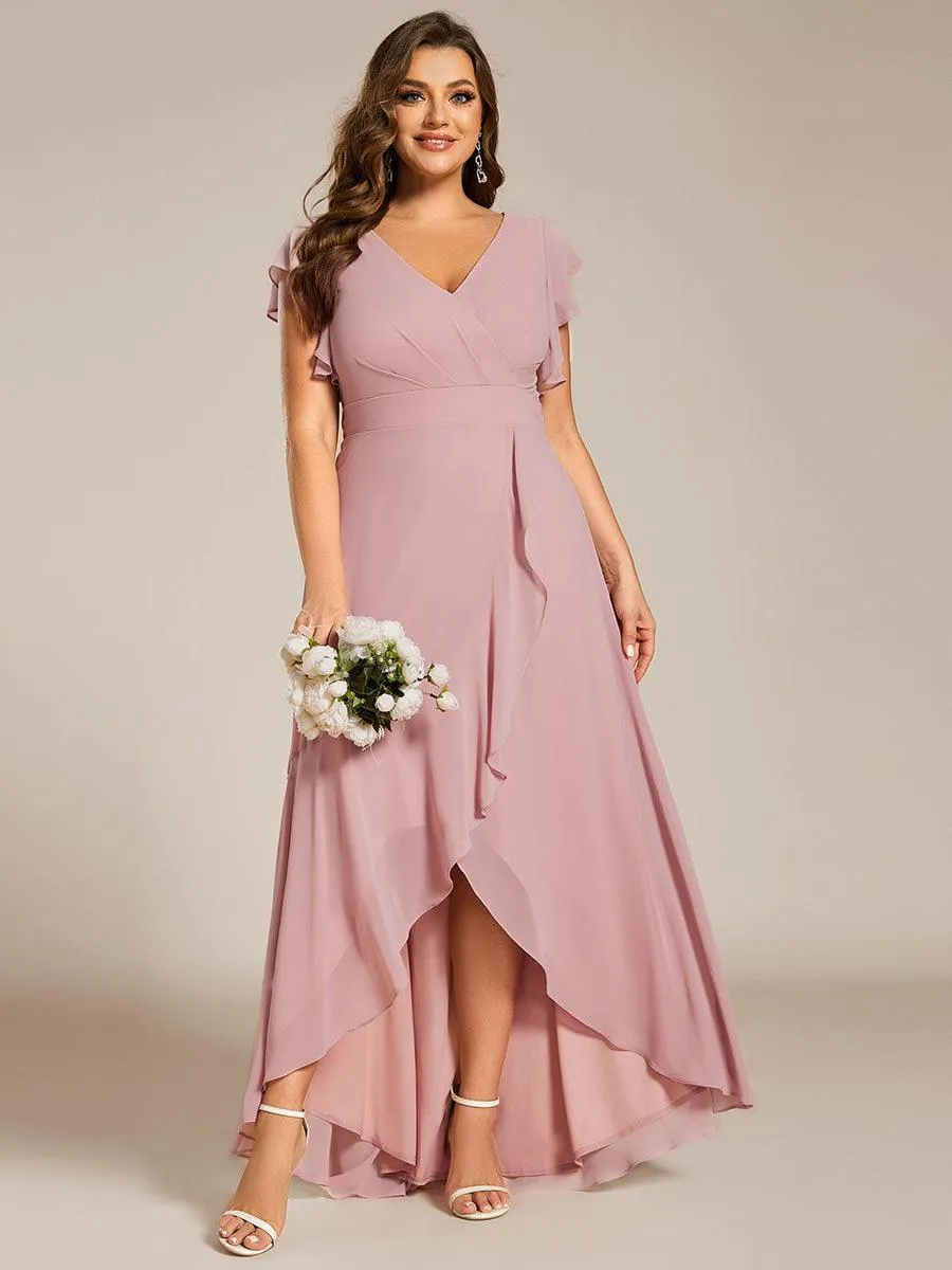 Robe de demoiselle d'honneur grande taille en mousseline de soie avec manches à volants