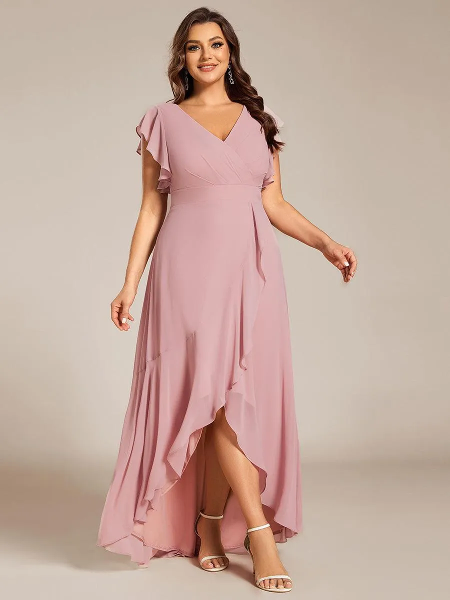 Robe de demoiselle d'honneur grande taille en mousseline de soie avec manches à volants