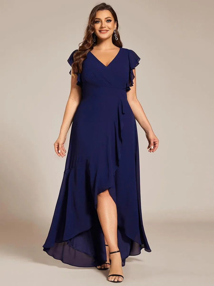 Robe de demoiselle d'honneur grande taille en mousseline de soie avec manches à volants
