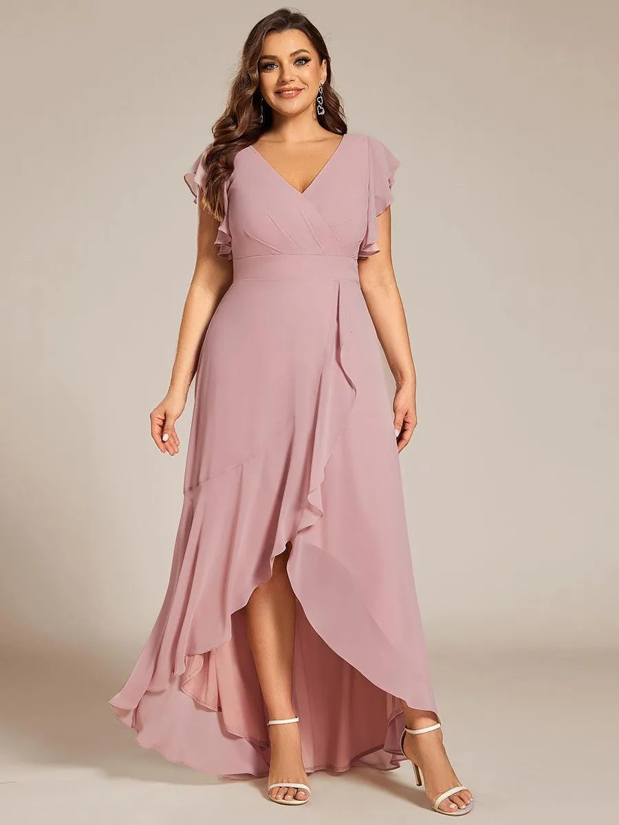 Robe de demoiselle d'honneur grande taille en mousseline de soie avec manches à volants