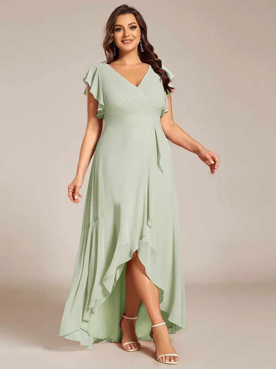 Robe de demoiselle d'honneur grande taille en mousseline de soie avec manches à volants