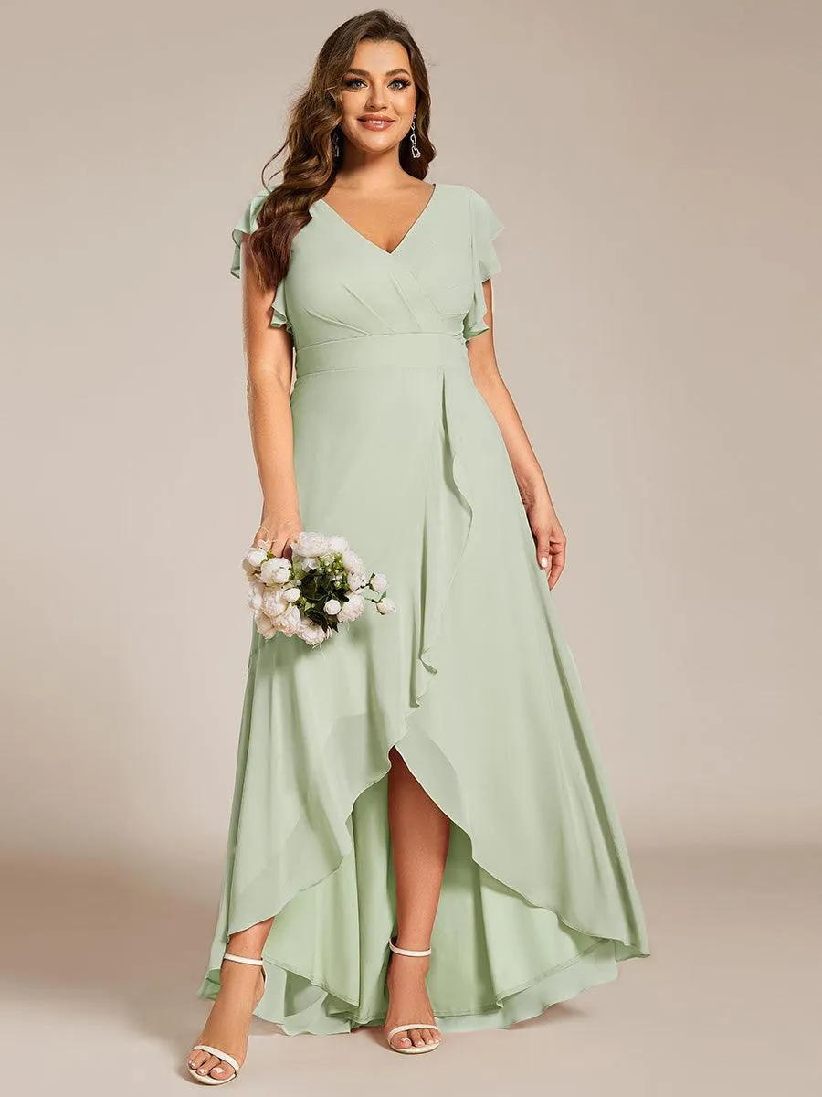 Robe de demoiselle d'honneur grande taille en mousseline de soie avec manches à volants
