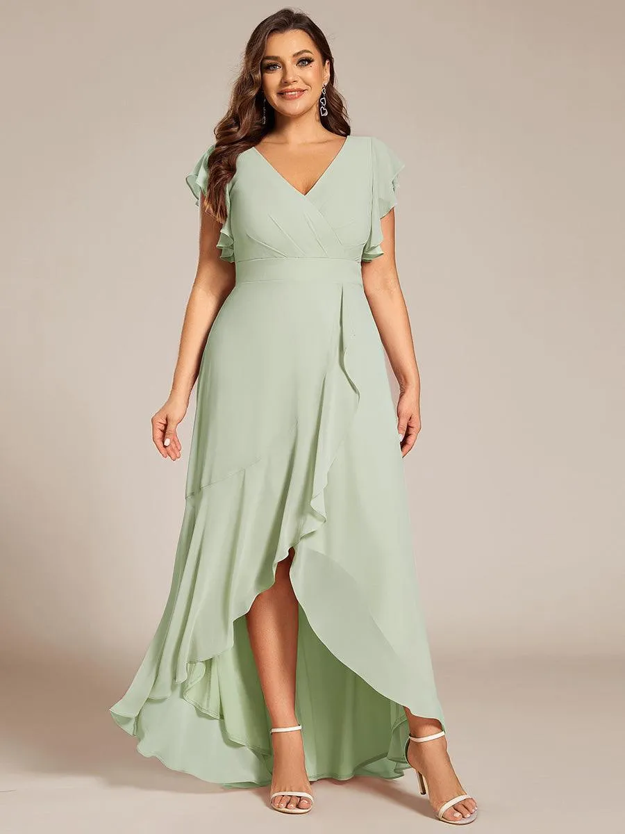 Robe de demoiselle d'honneur grande taille en mousseline de soie avec manches à volants